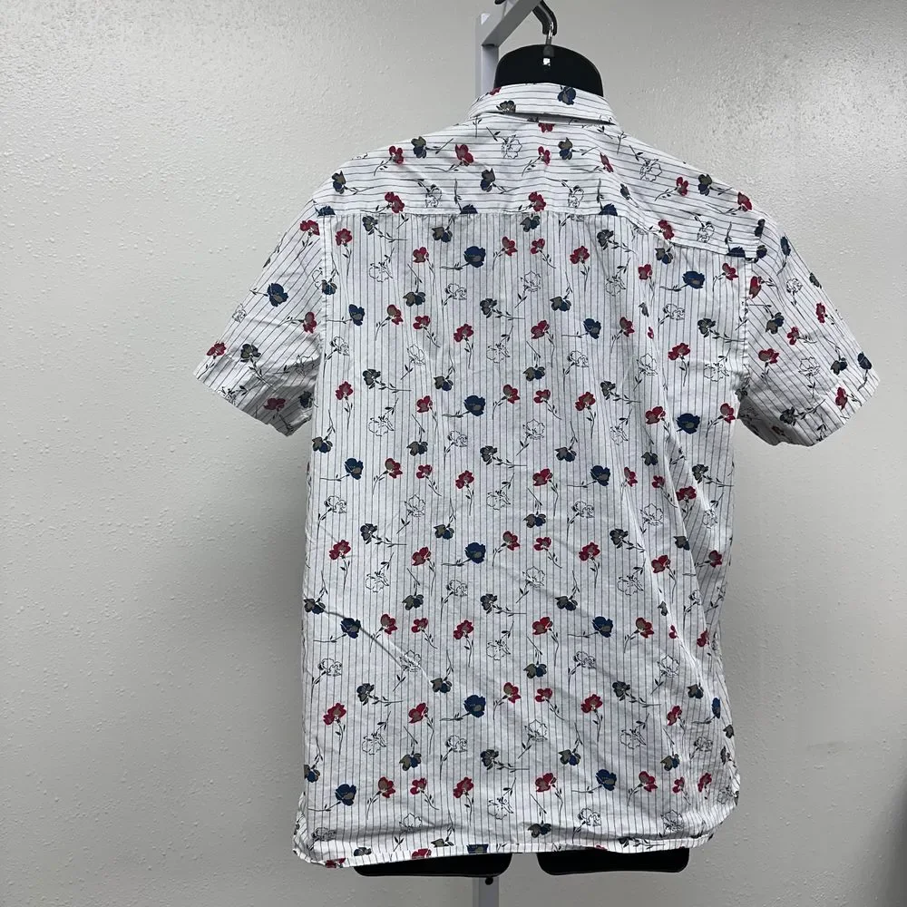 Perry Ellis 100% Cotton‎ White with Floral Pattern Shirt Sleeve Shirt Size Large